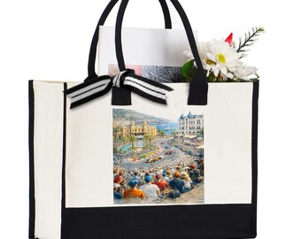 Monaco Grand Prix Art Tote Bag, Vintage European Street Canvas Bag