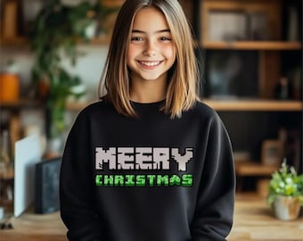 Pixel Merry Christmas Youth Sweatshirt – Gamer Holiday Sweater for Girls