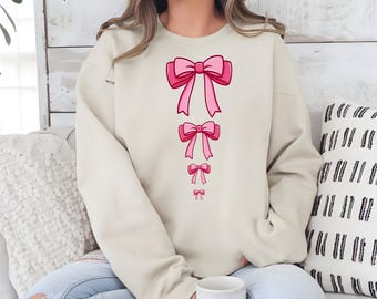 Pink Bow Sweatshirt, Kawaii Ribbon Crewneck, Cute Soft Girl Aesthetic Bow Pullover, Girly Cozy Sweater