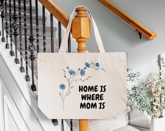 Home Is Where Mom Is Tote Bag, Mother’s Day Canvas Gift, Sentimental Mom Gift Bag, Floral Quote Tote for Mom, Gift from Daughter or Son