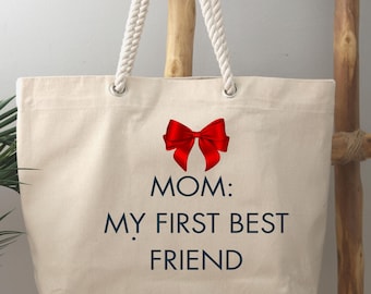 Mom: My First Best Friend Tote Bag – Canvas Gift Bag with Rope Handles | Mother's Day Present
