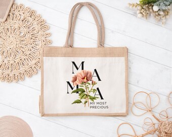 Mama My Most Precious Jute Tote Bag, Floral Canvas Mom Bag, Rustic Natural Gift for Mothers, Eco-Friendly Mother's Day Bag