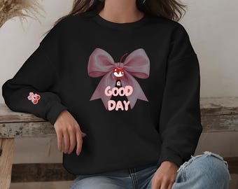 Good Day Bow Sweatshirt, Pink Ribbon Aesthetic Pullover, Kawaii Bow Crewneck, Soft Girl Girly Sweater