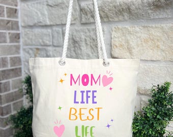 Mom Life Best Life Tote Bag – Colorful Rope Handle Canvas Bag for Moms | Mothers Gift