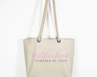 Motherhood Powered by Love Tote Bag – Minimalist Rope Handle Canvas Bag | Mom Life Gift Idea
