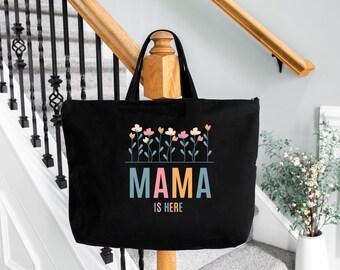 Mama Is Here Tote Bag, Floral Mom Canvas Bag, Cute Mother’s Day Gift, Stylish Gift for Mama, Modern Mom Life Bag