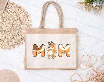Cute Cartoon MOM Jute Tote Bag, Funny Dog Mom Gift, Natural Canvas Reusable Bag for Mother’s Day, Playful Animal Mom Bag