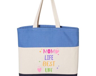 Mom Life Best Life Tote Bag – Colorful Motherhood Quote Canvas Bag – Pink Colorblock Gift for Moms