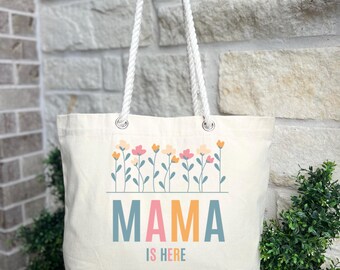 Mama Is Here Floral Tote Bag – Colorful Canvas Bag with Rope Handles | Mother's Day Gift for Moms