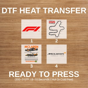 May include: Four DTF heat transfer designs featuring Formula 1 and McLaren branding. Includes the Formula 1 logo, a 2025 calendar track layout, a McLaren MCL36 design, and the McLaren Formula 1 Team logo. Ready to press.