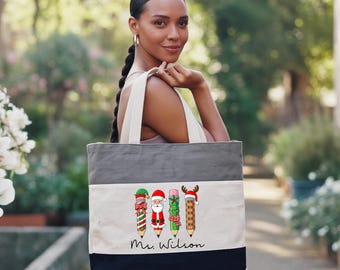 Custom Christmas Teacher Tote Bag, Personalized Christmas Teacher Bag, Christmas Gift, Teacher Gift, Xmas Teacher Bag, Pencil Rainbow Bag