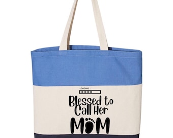 Blessed to Call Her Mom Tote Bag – Baby Shower Gift for Mom – Blue Colorblock Canvas Bag