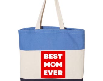 Best Mom Ever Tote Bag – Colorblock Canvas Shoulder Bag – Mother’s Day Gift Idea – Bold Heart Print Mom Bag