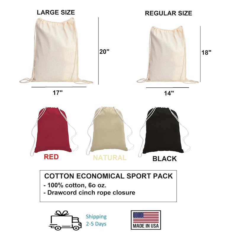 a drawsack bag is shown with the measurements for it