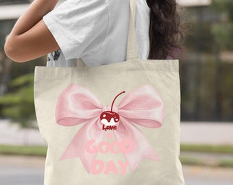 Cute Bow Tote Bag, Pink Ribbon Good Day Canvas Bag, Soft Girl Aesthetic Tote, Kawaii Bow Gift Bag