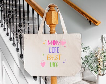 Mom Life Best Life Tote Bag, Colorful Mom Canvas Bag, Funny Gift for Mom, Mother's Day Gift Idea, Cute Reusable Mom Life Bag