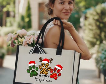 Custom Vet Tech Christmas Tote Bag, Personalized Veterinary Technician Tote Bag, Vet Tech Christmas Gift, Vet Tech Bag, Vet Tech Xmas Bag