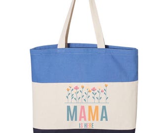 Mama Is Here Tote Bag – Colorblock Floral Canvas Bag – Sweet Mother’s Day Gift – Pink & Cream Cotton Tote