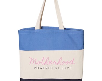 Motherhood Tote Bag – Powered by Love Canvas Bag – Gift for New Moms, Mother’s Day Tote