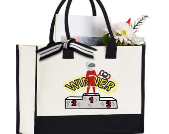Winner Podium Tote Bag • Racing Champion Canvas Shopper • Trophy Graphic Bag