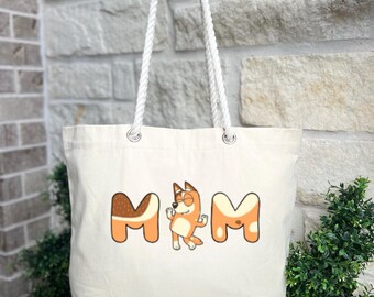 Cute Cartoon Dog MOM Tote Bag – Fun Rope Handle Canvas Bag for Mothers | Gift for Dog Moms or Kids' Moms
