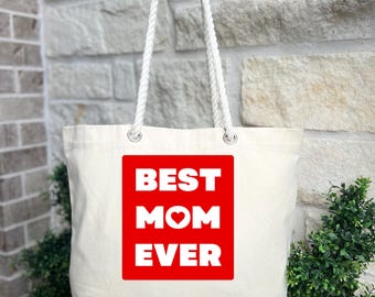 Best Mom Ever Canvas Tote Bag with Rope Handles – Bold Red Graphic Mother’s Day Gift