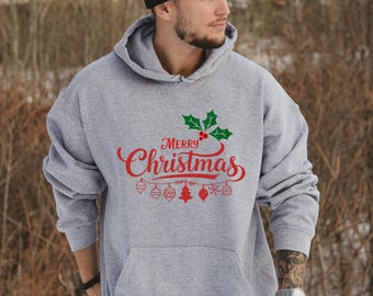 Merry Christmas Hoodie – Holiday Ornament Lettering – Cozy Winter Pullover Gift