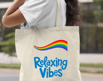 Relaxing Vibes Canvas Tote, Rainbow Aesthetic Bag, Feel Good Quote Tote Bag, Inspirational Daily Carry Bag