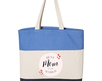 Best Mom in the World Tote Bag – Mother’s Day Canvas Gift – Blue Colorblock Shoulder Bag for Mom