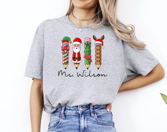 Personalized Christmas Teacher T-Shirt, Holiday Pencils Graphic