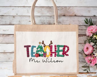 Personalized Christmas Teacher Jute Bag, Xmas Gift