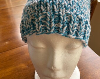 White and blue hand knit beanie