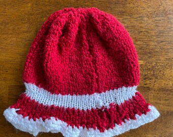 Red and white beanie -hand knit and crochet