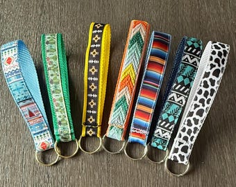 Handmade Fabric Keychain Wristlet | Boho & Western-Inspired Key Fob | 1” Webbing with Sewn Ribbon | Sustainable and Made to Order