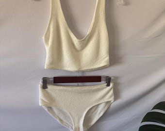 Ręcznie robiony komplet biustonosza i bielizny z tkaniny bambusowej frotte | Wkładka z bawełny organicznej | Bielizna nietoksyczna | Miękki, elastyczny top i majtki o pełnym kryciu