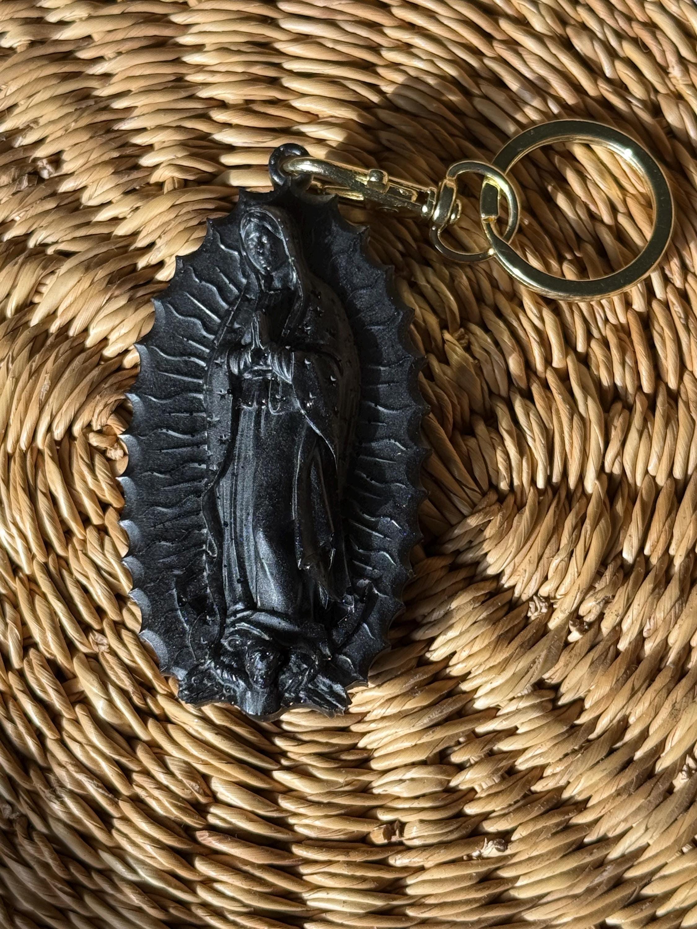 Handmade Virgin Mary Keychain – Black Epoxy Resin Charm With