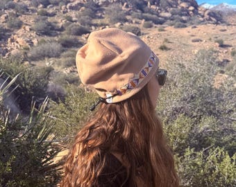 Vintage Cinch-Back Fleece Beanie | Retro Ski Hat w/ Tribal Trim | Adjustable Snow Beanie | Cozy Winter Hat | Handmade in Joshua Tree, CA