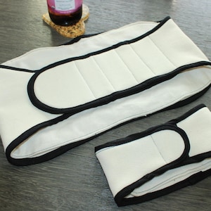 Benda in cotone biologico con olio di ricino – regolabile, lavabile, design ergonomico / realizzata a mano su ordinazione – 44” x 9” addome, 20” x 4” collo, 24” x 10” ginocchio