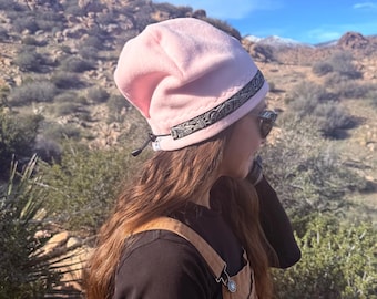 Vintage Cinch-Back Fleece Beanie | Retro Ski Hat w/ Tribal Trim | Adjustable Snow Beanie | Cozy Winter Hat | Handmade in Joshua Tree, CA