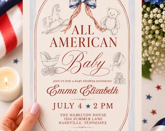May include: A rectangular baby shower invitation card with light blue vertical stripes. The text reads: BORN IN THE U.S.A., ALL AMERICAN Baby, JOIN US FOR A BABY SHOWER HONORING Emma Elizabeth, JULY 4 2 PM, THE HAMILTON HOUSE 1234 SUMMER LANE NASHVILLE, TENNESSEE, Kindly Reply by June 28, REGISTERED AT BABYLIST. Illustrations include a rocking horse, a teddy bear, a baby carriage, a bonnet, and a bow with stars and stripes.
