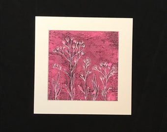 Pink Cow Parsley Art Print, Botanical Art Print, Original Gelli Print of Foliage, Original Monoprint Art