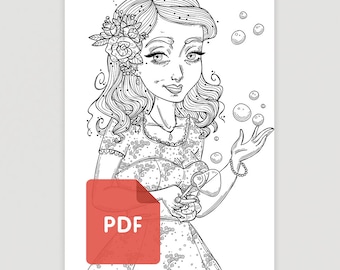 May include: A black and white line art illustration of a girl blowing bubbles. She has long, curly hair with a flower in it. She is wearing a dress with a floral pattern.
