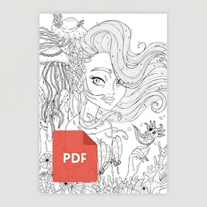 Puede incluir: Página para colorear en blanco y negro con líneas que representan una sirena con el pelo largo y suelto, una medusa y otras criaturas marinas. La sirena lleva un sujetador de concha y tiene una estrella de mar en el pelo. La página para colorear está etiquetada como "PDF" en la esquina inferior izquierda.