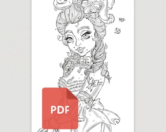May include: Black and white line art illustration of a woman in a historical costume with elaborate hair and a bow. The image has a PDF icon in the lower left corner. The woman is wearing a dress with lace and bows.