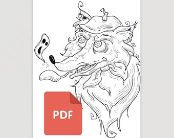 May include: A black and white line drawing of a whimsical creature with a long snout, large eyes, and a bushy beard. The creature is blowing a ghost out of its nose.