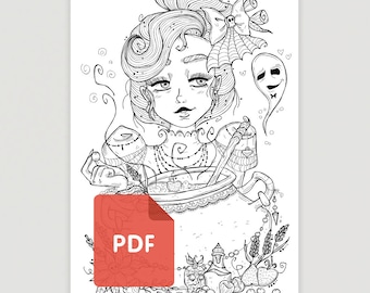 May include: A black and white line art illustration of a woman with a cauldron, a ghost, and other Halloween-themed imagery. The woman is stirring a cauldron with a spoon and has a spooky expression on her face. The image is perfect for coloring.