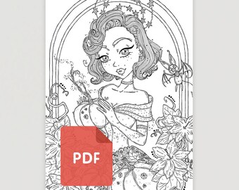 May include: Black and white line art illustration of a woman holding a pumpkin, surrounded by flowers and a bat. The image has a gothic theme, with a star-studded arch and a PDF icon overlay.