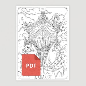 May include: A black and white illustration of a tarot card, Le Chariot, featuring a chariot pulled by two unicorns. The chariot is adorned with a canopy and stars. The card number, VII, is displayed in the top right corner.