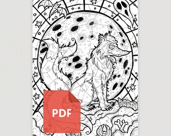 May include: Black and white line art illustration of a wolf howling at the moon. The moon is full and has a detailed design. The wolf is surrounded by stars and other celestial elements. The image is in a stained glass style.