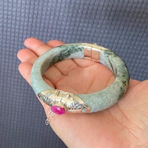 7 inch Circumference Handmade 925 Silver Natural Burmese Jade Women's Bangle Bracelet EtsJ 204